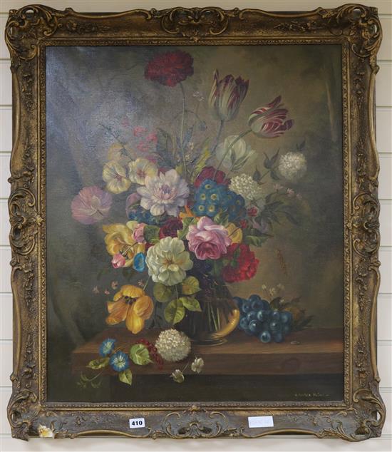 Alexander Wilson, oil on canvas, still life of flowers in a vase on a ledge, signed, 75 x 62cm